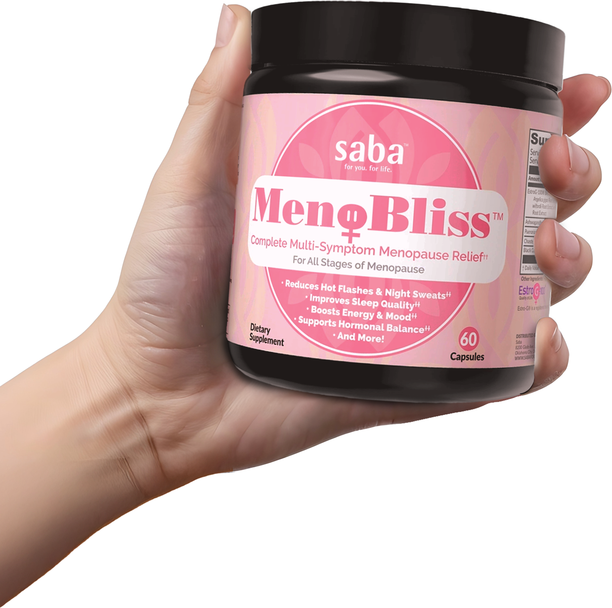 A hand holding a jar of Saba Menobliss, a dietary supplement for menopause relief.